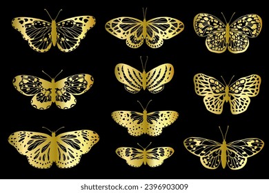 Collection of golden decorative winged insects, butterflies, night moths.Vector graphics.