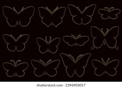Collection of golden decorative winged insects, butterflies, night moths.Vector graphics.