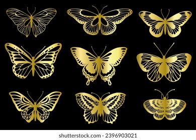 Collection of golden decorative winged insects, butterflies, night moths.Vector graphics.