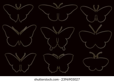 Collection of golden decorative winged insects, butterflies, night moths.Vector graphics.