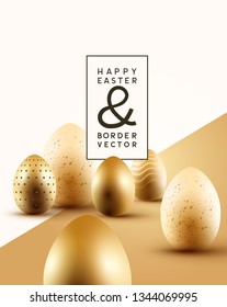 Eine Sammlung von goldenen Osterschokoladeneiern mit Platz für Text. Osterzusammensetzung, Vektorgrafik.