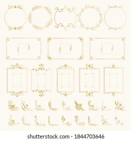 Collection of golden fancy frames with decorative vintage elements. Vector isolated illustration.