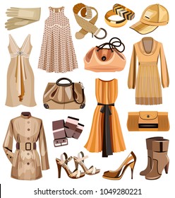 Collection of golden fashionable women's clothes isolated on white (vector illustration)