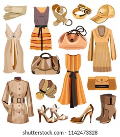 Collection of golden fashionable women's clothes isolated on white (vector illustration)
