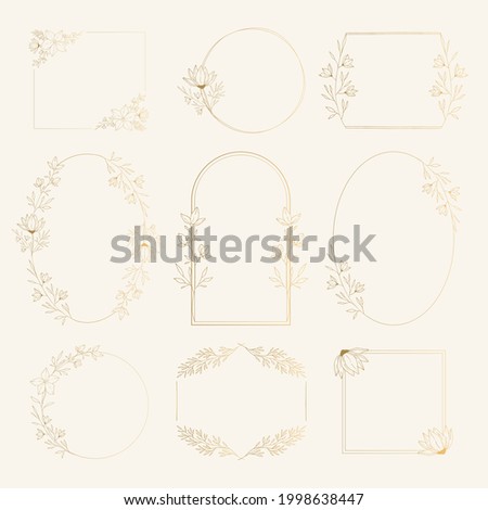 Collection of golden floral frames. Circle, oval, square borders. Wedding vintage design elements. Vector isolated illustration.