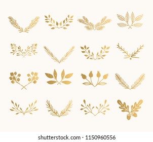 Collection of golden flourish dividers. Hand drawn isolated borders. Foil textured design elements.