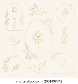 Collection of golden frames, bouquets, wedding arrangement. Nature flower compositions. Elegant luxury decorative elements. Fancy vector illustration.