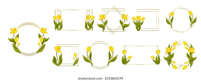 Collection of golden frames with spring yellow tulip flowers. Vector graphics.