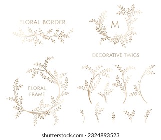 Collection of golden frames, wreaths, borders of twigs.  Decorative elements for design invitation, cards.