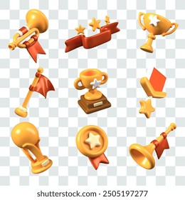 Collection of golden gaming trophies in 3D cartoon style. Bugle, holiday blank ribbon