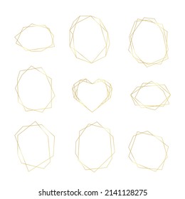 Colección de marcos geométricos dorados. Marcos poligonales de lujo, bordes para la decoración invitaciones de boda, tarjetas de felicitación. Ilustración del vector aislada en fondo blanco