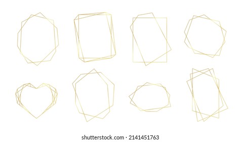 Colección de marcos geométricos dorados. Marcos poligonales de lujo, bordes para invitaciones de boda, tarjetas de felicitación. Ilustración del vector aislada en fondo blanco