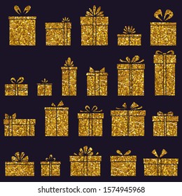 Collection of golden gift boxes isolated on dark background. Vector illustration
