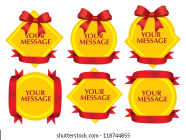 Collection of golden gift cards/notes with red ribbons. Vector illustration.