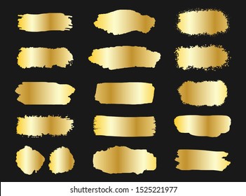 Collection of golden grunge brush stroke vector set isolated on dark background.