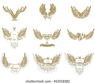 Collection of golden grunge wings isolated on white, tattoo, vector