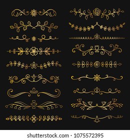 Collection of golden hand drawn flourish text dividers. Doodle gold botanical borders for typography design, invitations, greeting cards. Calligraphic and floral design elements.