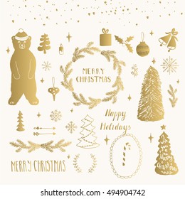 Collection of golden handdrawn Christmas design elements. Holiday set with bear, snowflakes, wreath, toys, tree, Merry Christmas lettering.