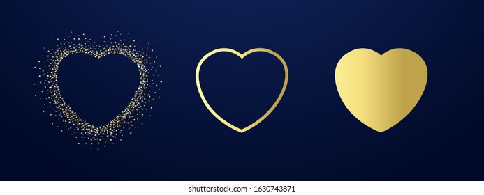 Collection of golden hearts illustration with dust glitter. Glorious decorative love sign shiny design on dark background for happy valentines day. Vector illustration