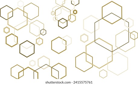 Collection of golden hexagons on white background