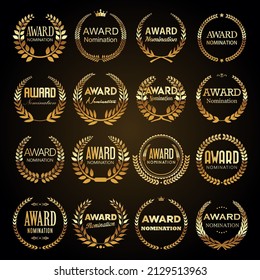 Collection of golden label with laurel wreath film award luxury template design