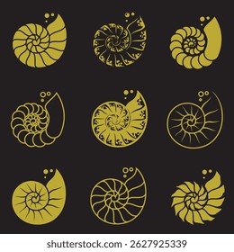 collection of golden labels of nautilus shell isolated on black background