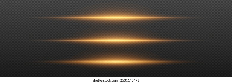 Collection of golden laser light lines. Neon flash, light beam. On a transparent background.
