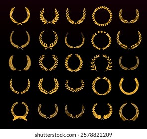 Collection of golden laurel wreaths in various styles, representing victory, honor, and prestige