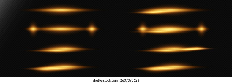 Collection of golden light rays of light, neon light lines.