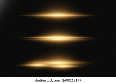 Collection of golden light rays of light, neon light lines.