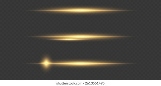 Collection of golden light rays of light, neon light lines.