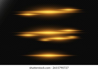 Collection of golden light rays of light, neon light lines.