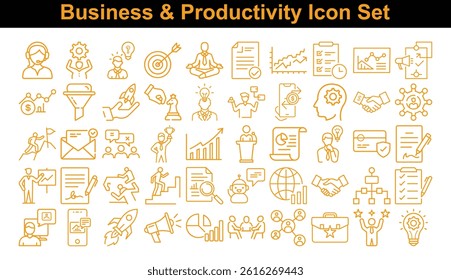 Collection of golden line art icons representing business concepts, efficiency, and productivity features on a clean, transparent backdrop.