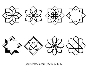 Colección de Elementos de Vector floral oriental árabe lineal dorado. Iconos, adornos y patrones tradicionales arabescos. Símbolos y logotipos de flores Abstractas en estilo ornamental islámico