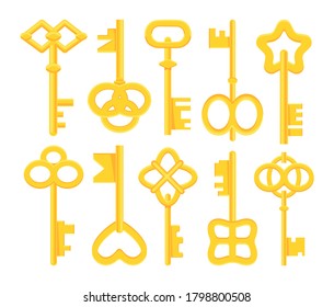 Collection of Golden magic keys. Cartoon flat illustration