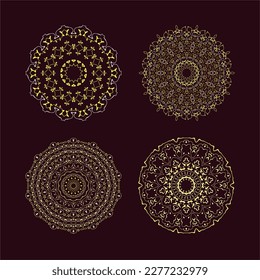 Collection of golden mandala artistic ornaments isolated on dark red. Set of vector illustrations in arabic style as a logo design concept, symbol and decoration.