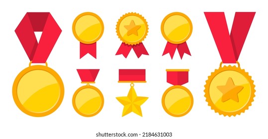 Collection of golden medals. Awards and trophies with red ribbon. Champion medals for winners. Vector illustration.