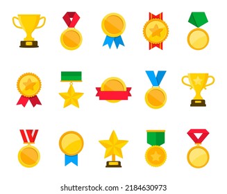 Collection of golden medals, cups. Awards and trophies with red ribbon. Champion medals for winners. Vector illustration.