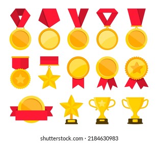 Collection of golden medals, cups. Awards and trophies with red ribbon. Champion medals for winners. Vector illustration.