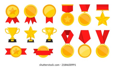 Collection of golden medals, cups. Awards and trophies with red ribbon. Champion medals for winners. Vector illustration.