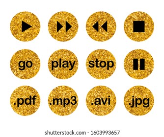 Collection of golden multimedia buttons isolated on white background
