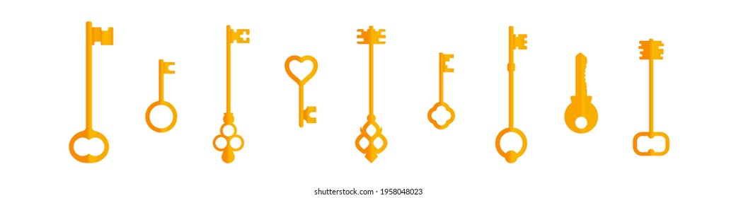 A collection of golden old vintage and modern keys. Vector illustration