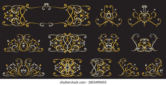 Collection of golden ornate ornaments on a black background. Abstract decor elements for design. Vector illustration. EPS 10.