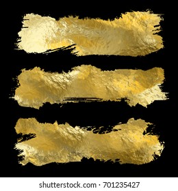 Collection Of Golden Paint Strokes On Black. Make A Background For Your Design, Golden Hot Foil, Gold Leaf