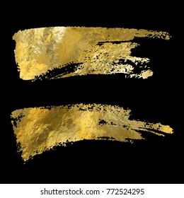 Collection of golden paint strokes on black. Make a background for your design, golden hot foil, gold leaf