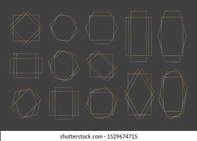 Collection of golden polygonal luxury frames. Set of gold crystal shapes for wedding invitation, luxury templates, decorative patterns