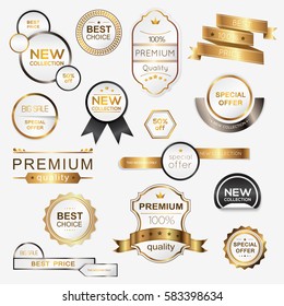 Collection of golden premium promo seals/stickers. Isolated vector illustration.