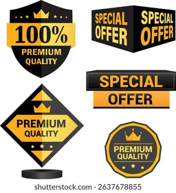Collection of golden premium quality badges and Special Offer black vector illustration
