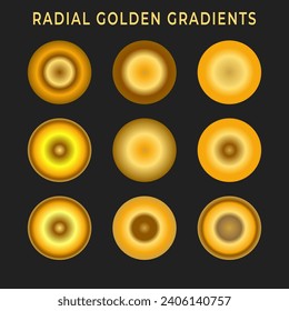 Collection of golden radial metallic gradient brilliant plates with gold effect vector