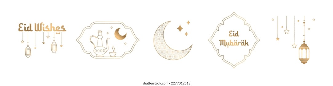 Collection of golden collection for Ramadan Mubarak and Eid al Fitr. Greeting cards with minimal boho design, moon, mosque dome and lanterns